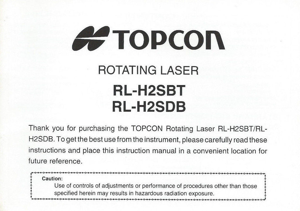 Topcon Rotating Laser RL-H2SBT/H2SDB Instruction Manual