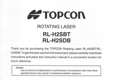 Topcon Rotating Laser RL-H2SBT/H2SDB Instruction Manual