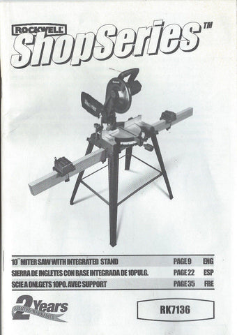 Used Rockwell ShopSeries RK7136 10" Miter Saw Instruction Manual