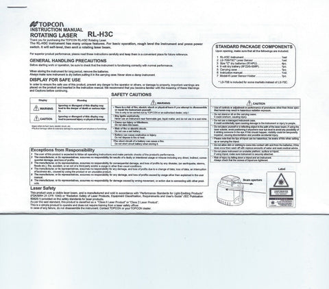 New Topcon Rotating Laser RL-H3C Instruction Manual