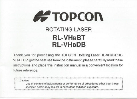 New Topcon Rotating Laser RL-VH Instruction Manual